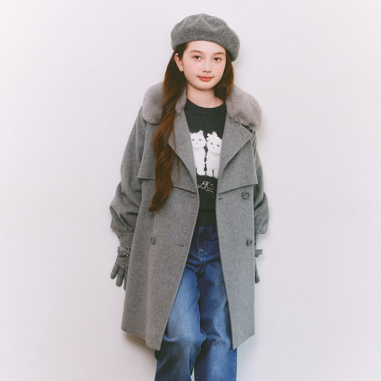 帶仿皮草領中長款大衣