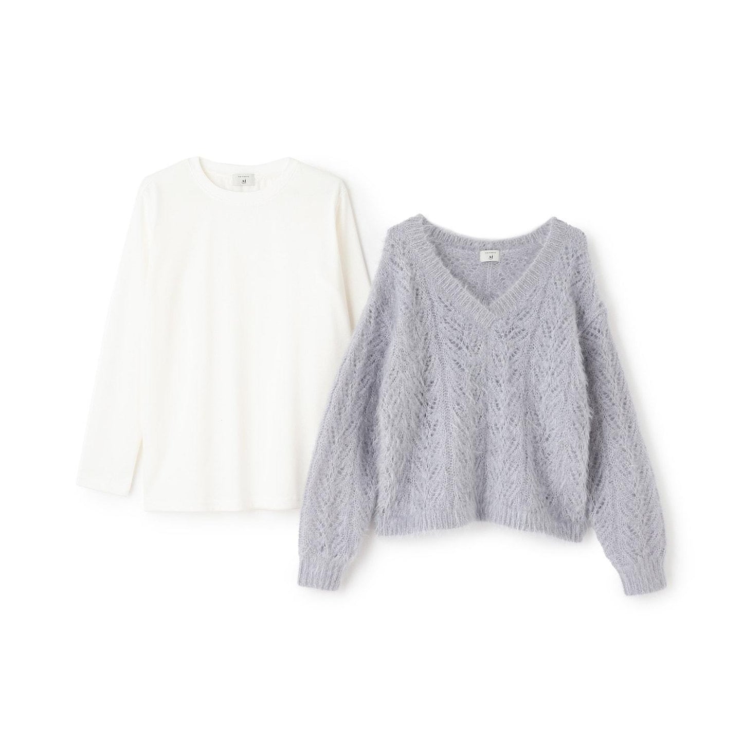 V領貓咪絨毛針織衫×T恤套裝