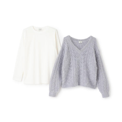 V領貓咪絨毛針織衫×T恤套裝
