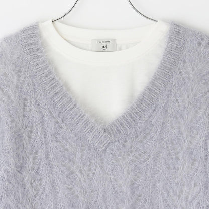 V領貓咪絨毛針織衫×T恤套裝