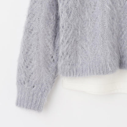 V領貓咪絨毛針織衫×T恤套裝