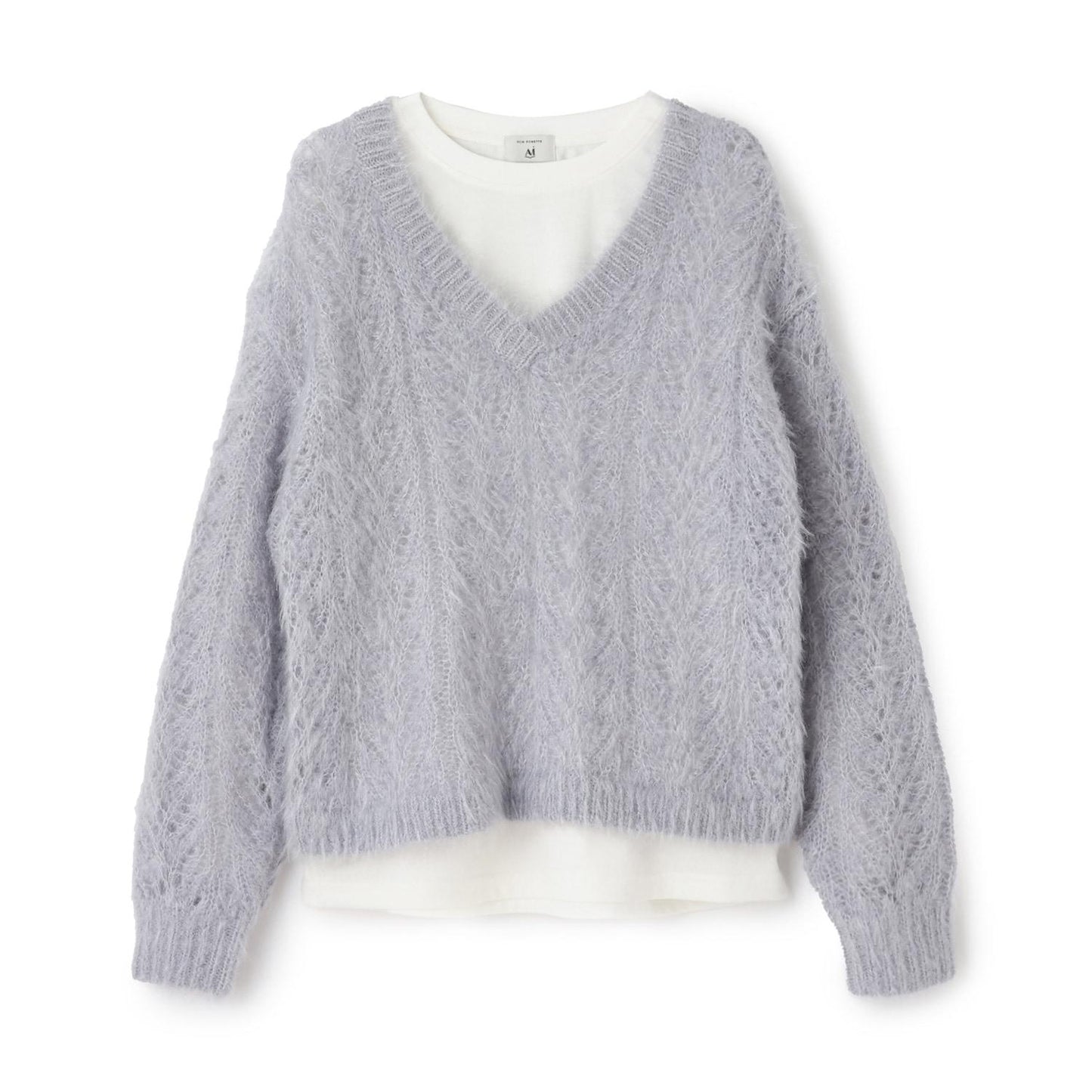 V領貓咪絨毛針織衫×T恤套裝