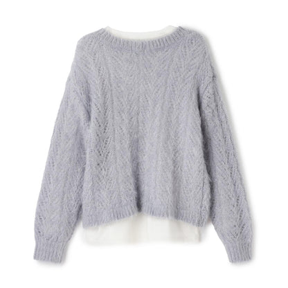 V領貓咪絨毛針織衫×T恤套裝