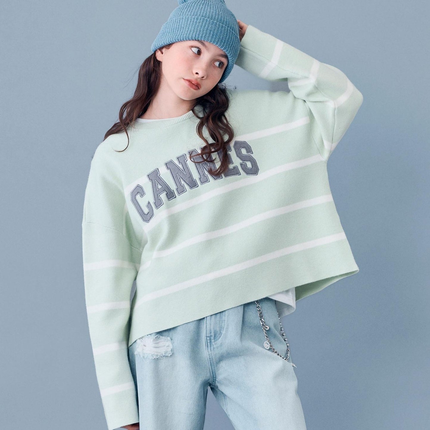 【AMI】條紋羊毛標誌針織衫