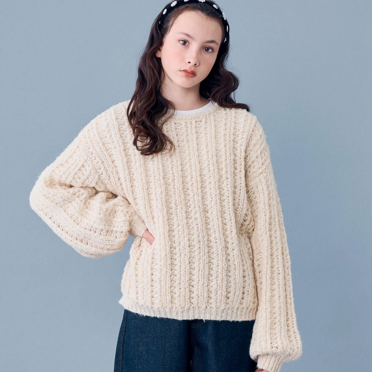 【AMI】鏤空針織套頭衫×T恤套裝