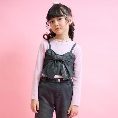 亮片牛仔蝴蝶結吊帶背心&長袖T恤套裝
