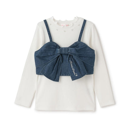 亮片牛仔蝴蝶結吊帶背心&長袖T恤套裝