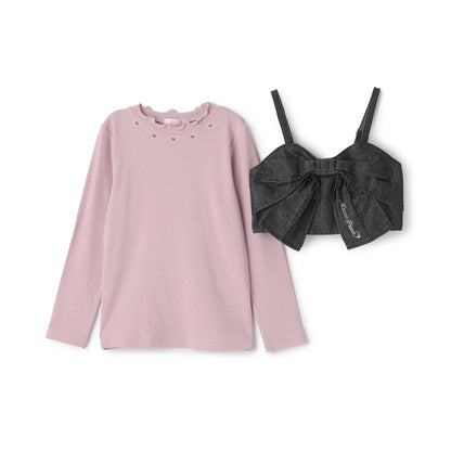 亮片牛仔蝴蝶結吊帶背心&長袖T恤套裝