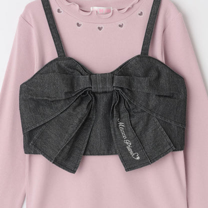 亮片牛仔蝴蝶結吊帶背心&長袖T恤套裝