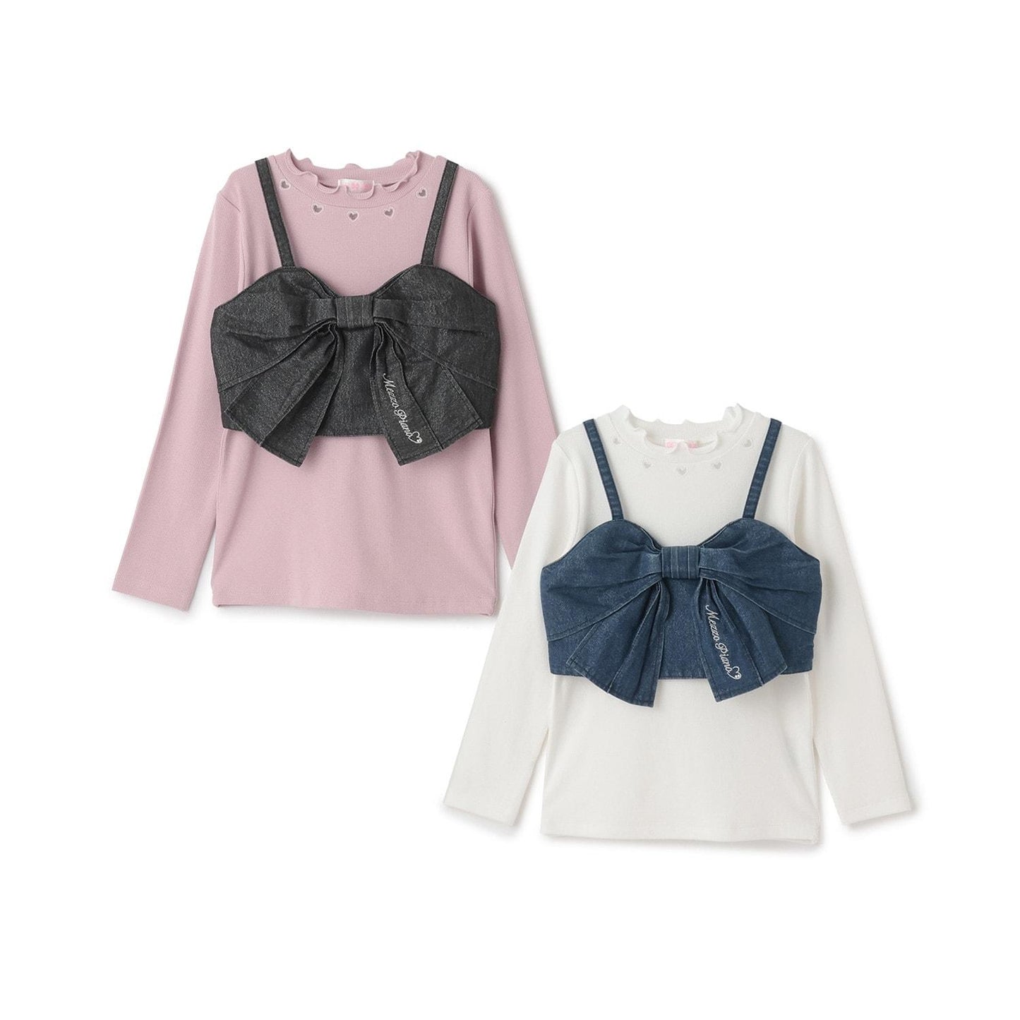 亮片牛仔蝴蝶結吊帶背心&長袖T恤套裝