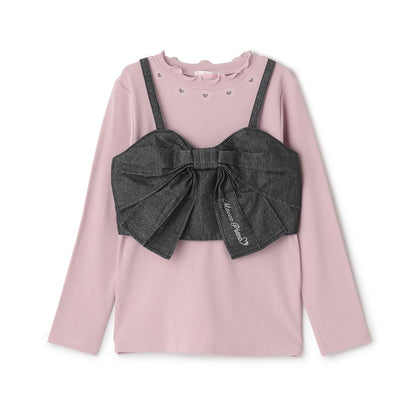 亮片牛仔蝴蝶結吊帶背心&長袖T恤套裝