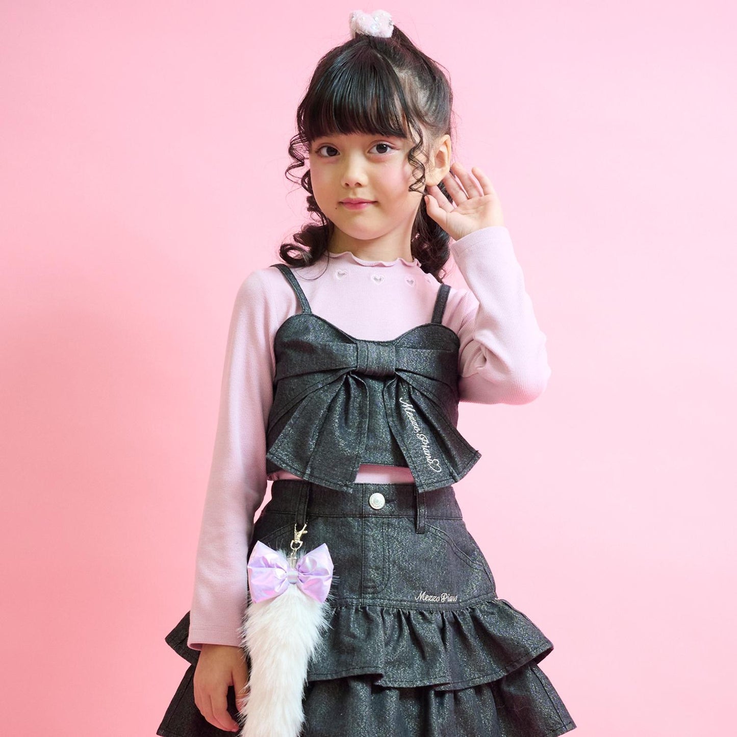 亮片牛仔蝴蝶結吊帶背心&長袖T恤套裝