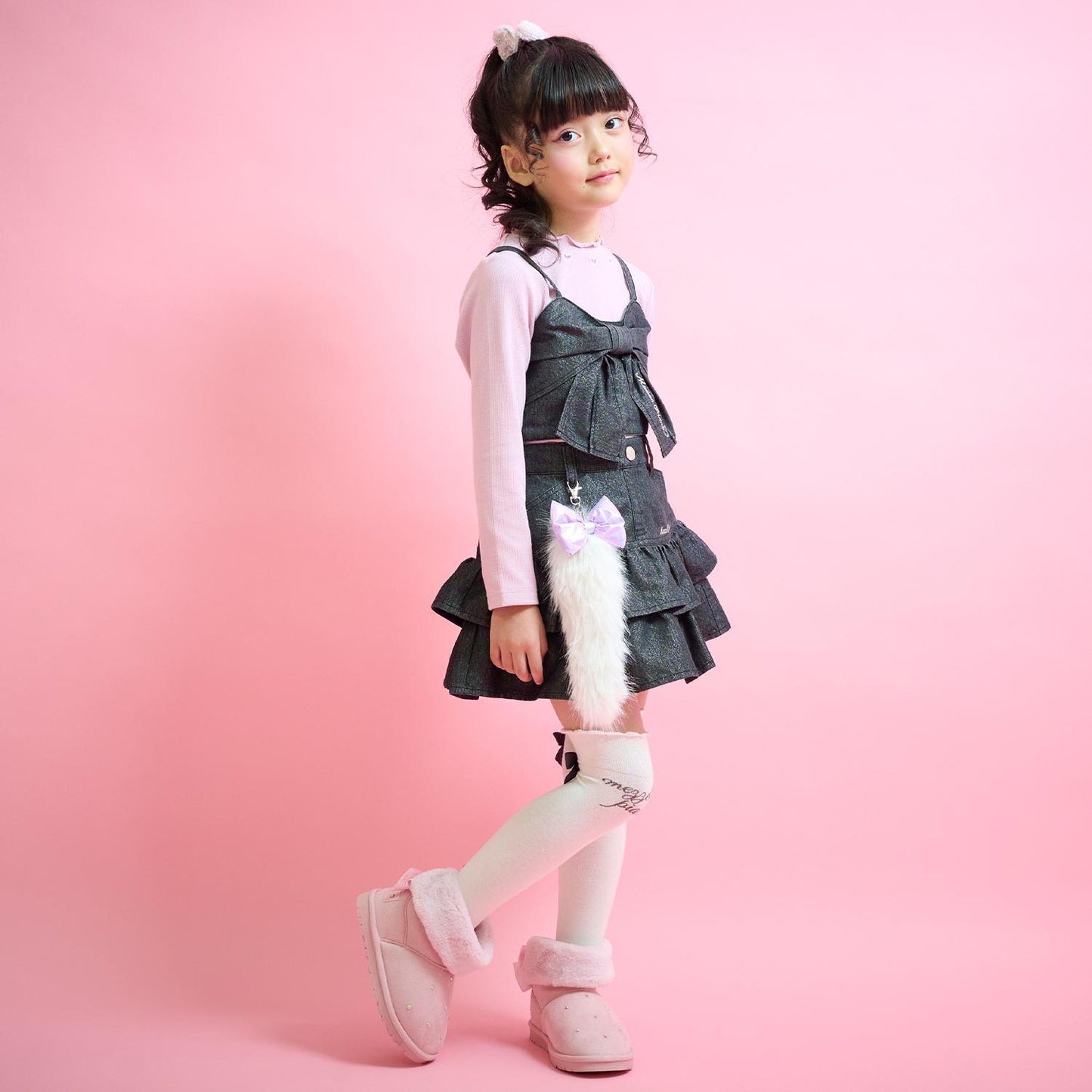 亮片牛仔蝴蝶結吊帶背心&長袖T恤套裝