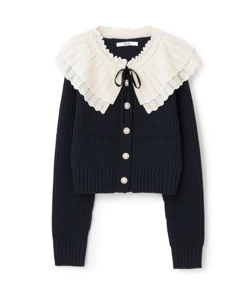 荷葉邊領珍珠扣開衫【韓國時尚】