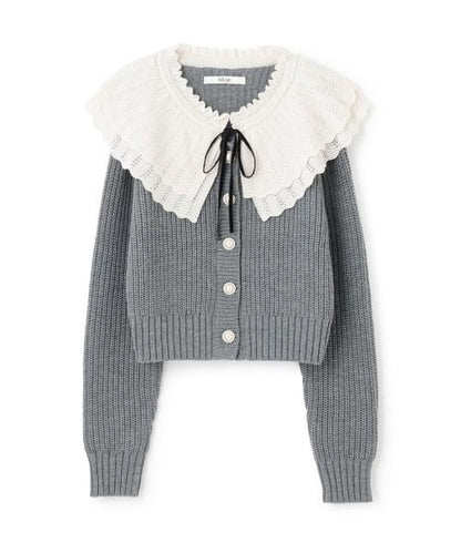 荷葉邊領珍珠扣開衫【韓國時尚】