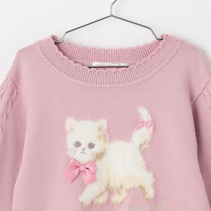 毛絨貓圖案針織套頭衫