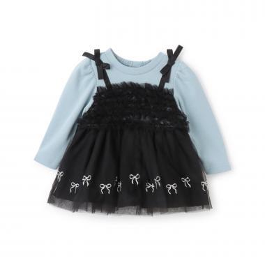 蝴蝶結刺繡網紗拼接長款上衣