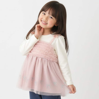 蝴蝶結刺繡網紗拼接長款上衣