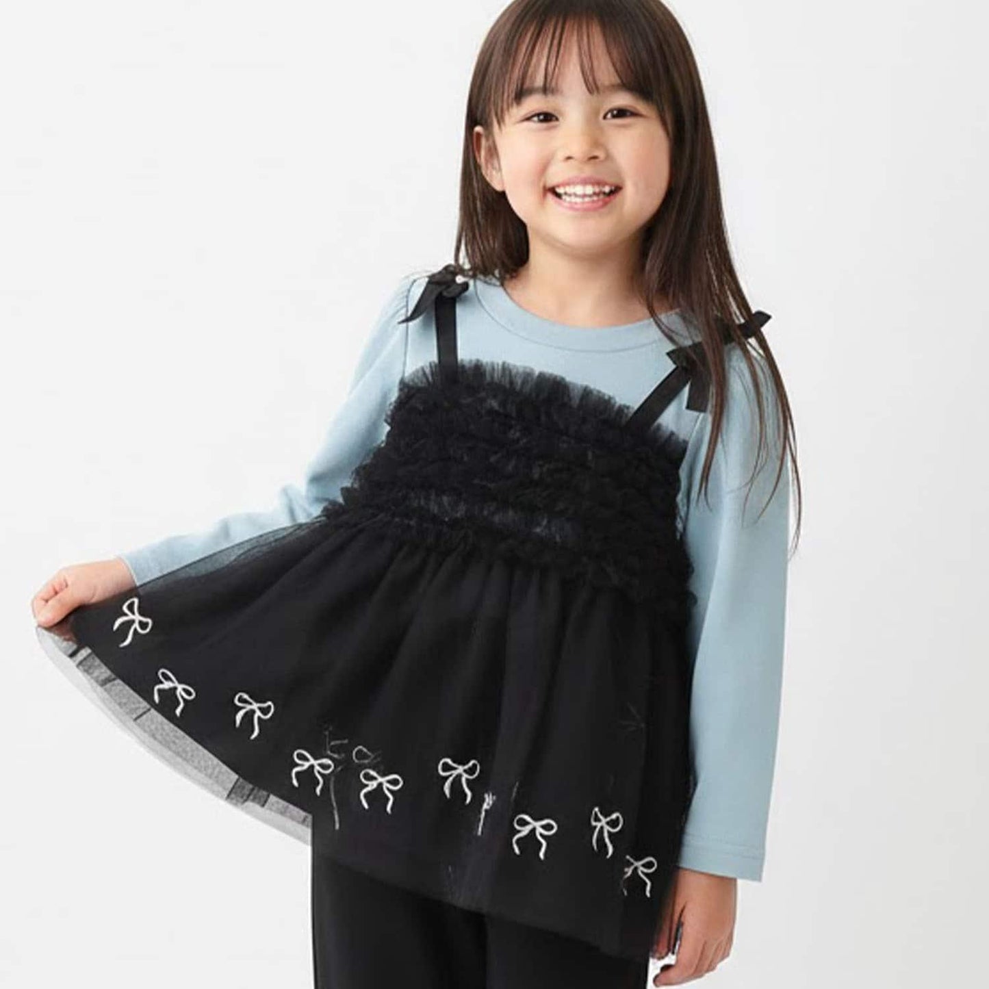 蝴蝶結刺繡網紗拼接長款上衣