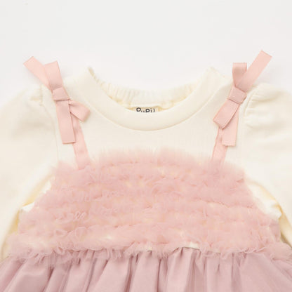 蝴蝶結刺繡網紗拼接長款上衣