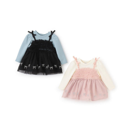 蝴蝶結刺繡網紗拼接長款上衣