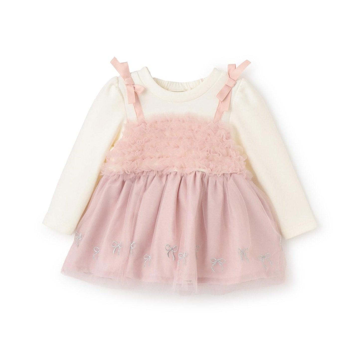 蝴蝶結刺繡網紗拼接長款上衣