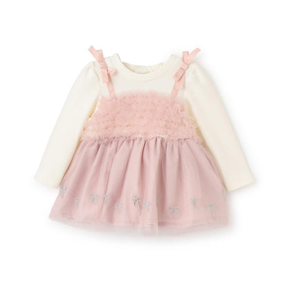 蝴蝶結刺繡網紗拼接長款上衣