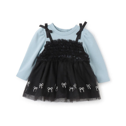 蝴蝶結刺繡網紗拼接長款上衣