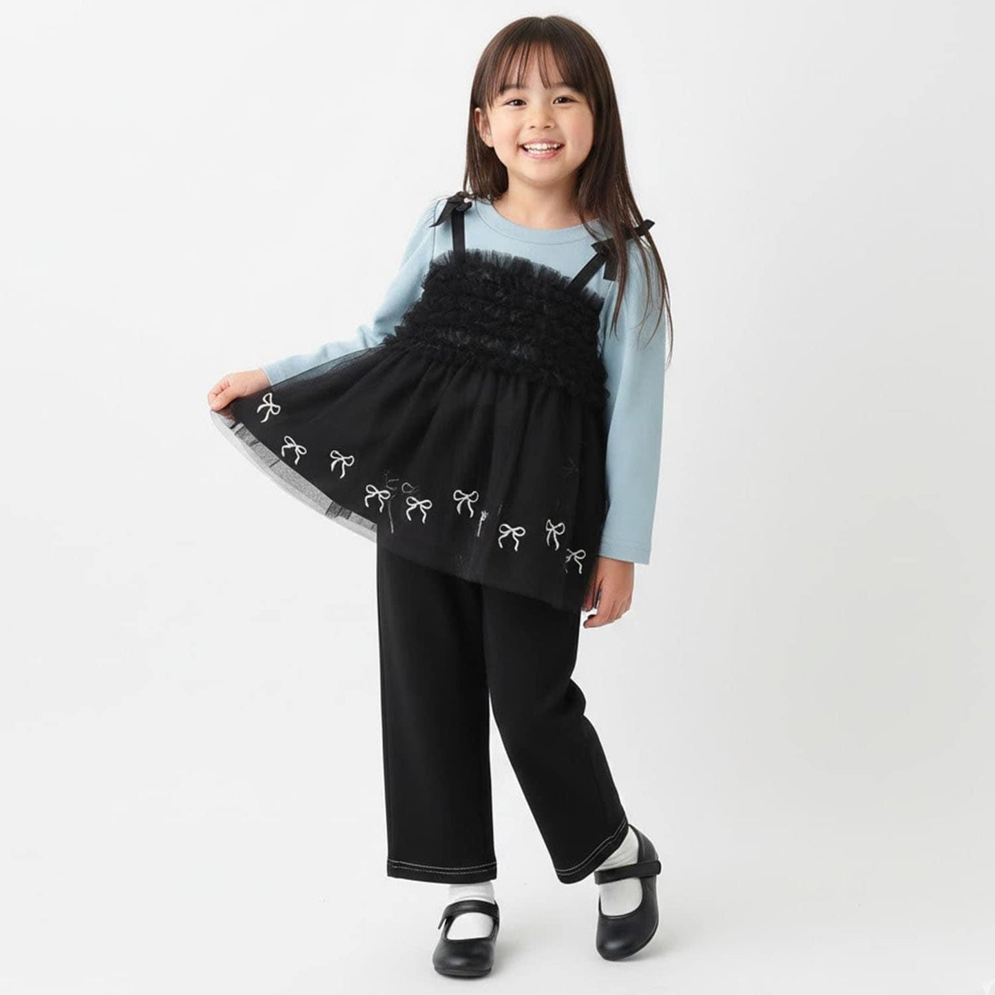 蝴蝶結刺繡網紗拼接長款上衣