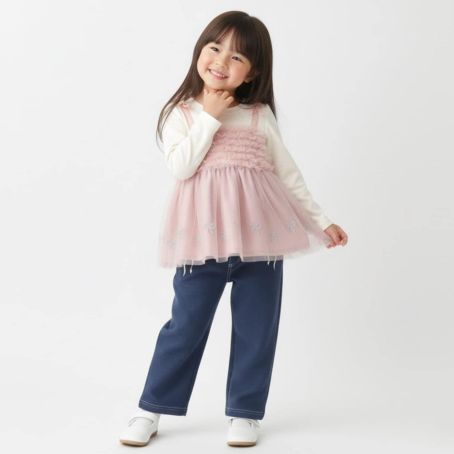 蝴蝶結刺繡網紗拼接長款上衣