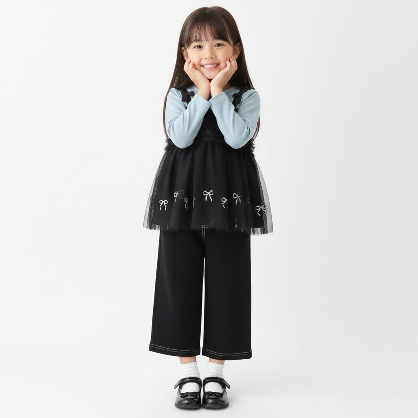 蝴蝶結刺繡網紗拼接長款上衣