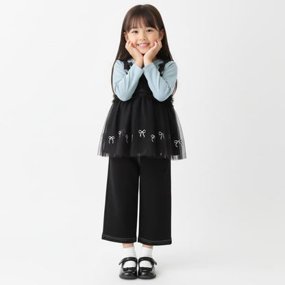 蝴蝶結刺繡網紗拼接長款上衣