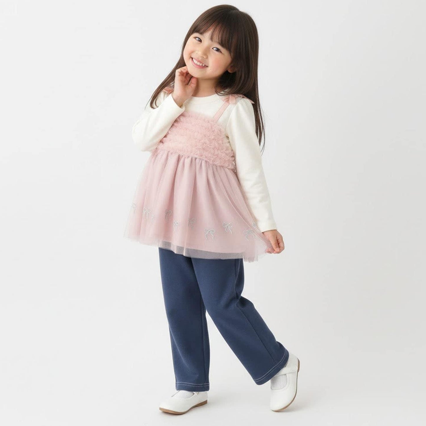 蝴蝶結刺繡網紗拼接長款上衣