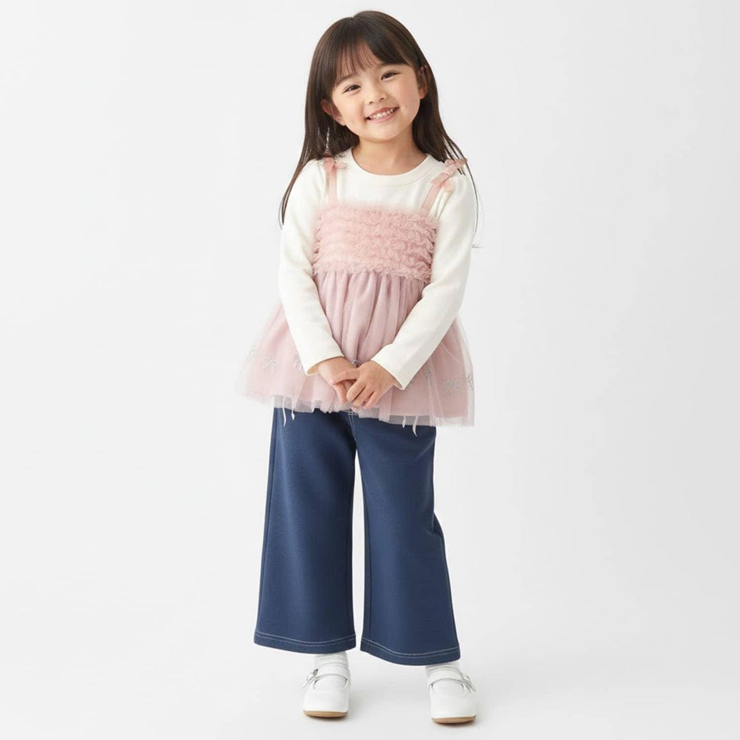 蝴蝶結刺繡網紗拼接長款上衣