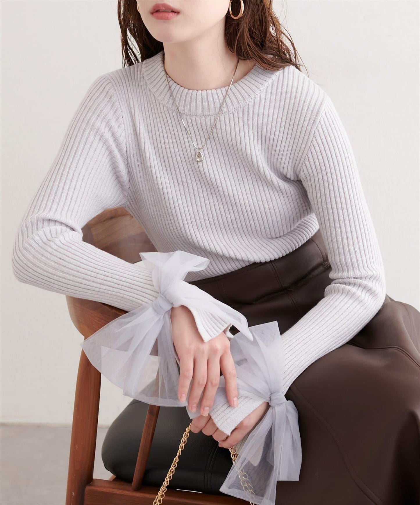 袖口網紗蝴蝶結針織衫