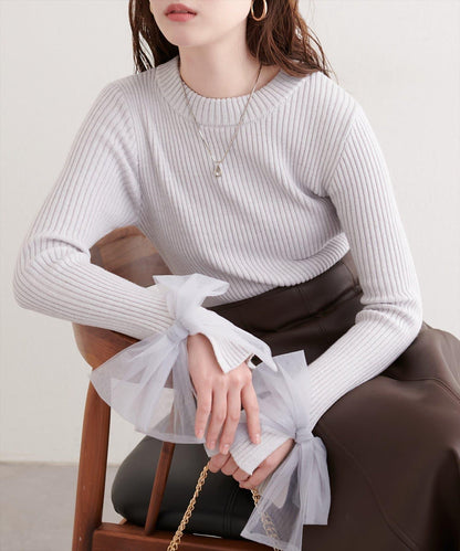 袖口網紗蝴蝶結針織衫