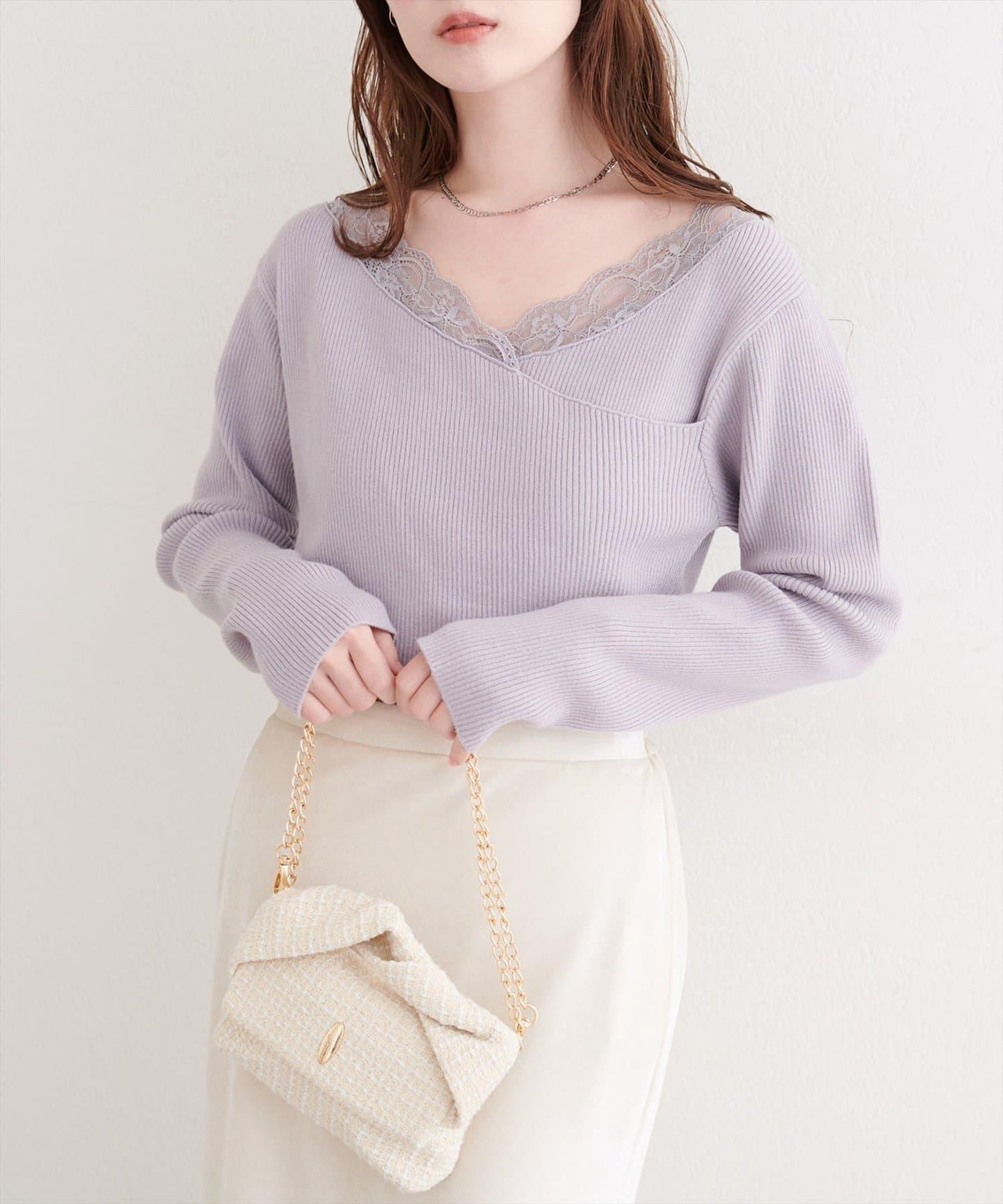 不對稱蕾絲領口羅紋針織套頭衫