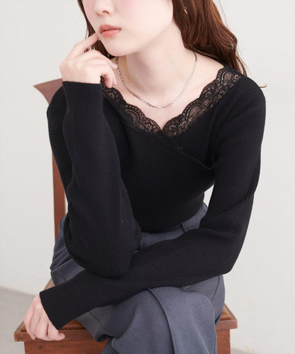 不對稱蕾絲領口羅紋針織套頭衫