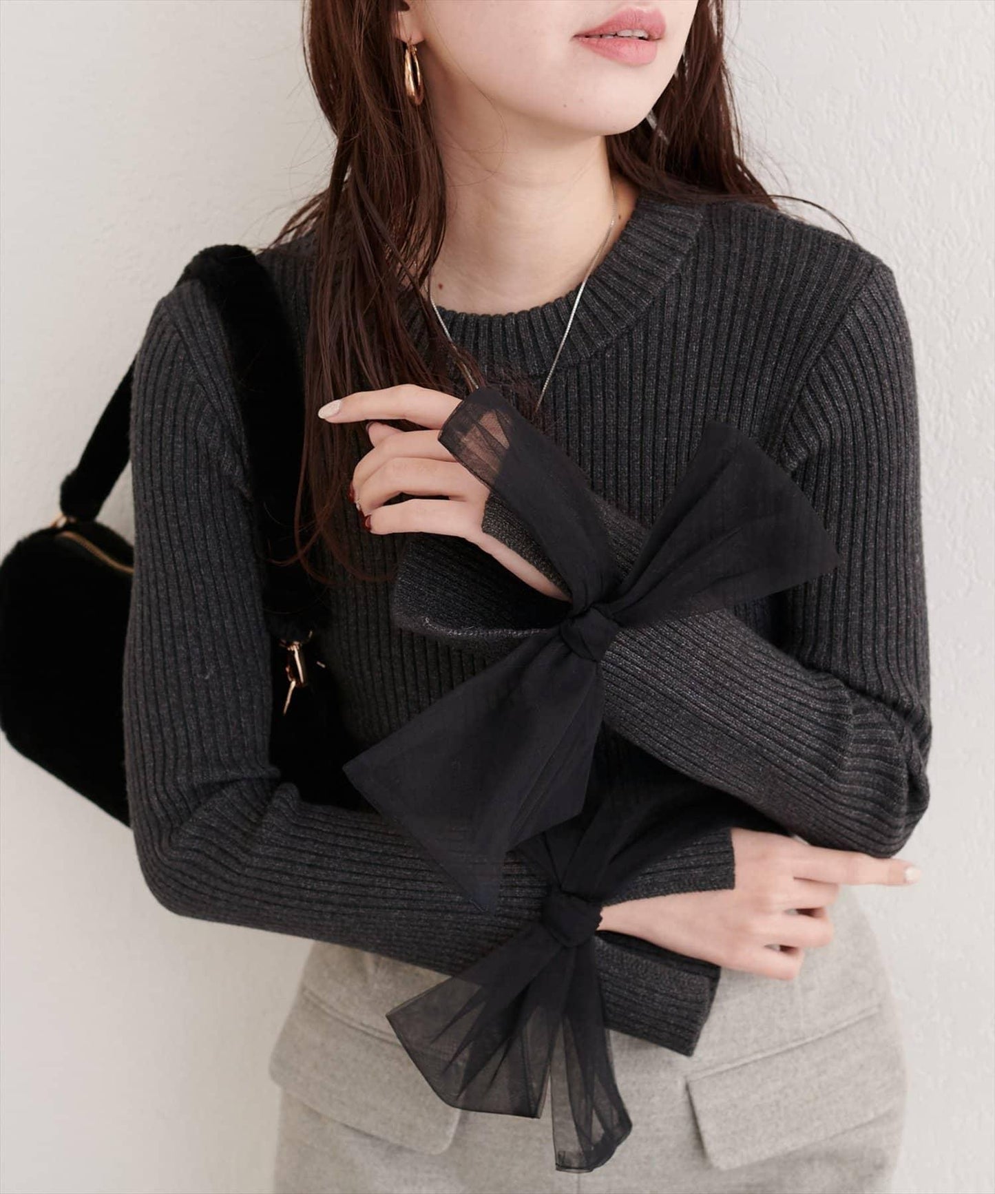 袖口網紗蝴蝶結針織衫