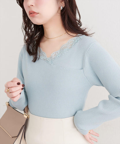 不對稱蕾絲領口羅紋針織套頭衫