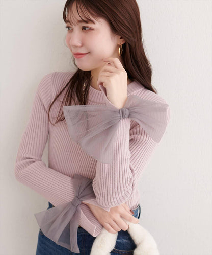 袖口網紗蝴蝶結針織衫