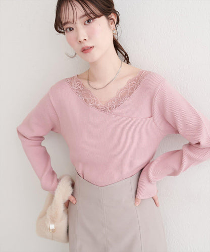 不對稱蕾絲領口羅紋針織套頭衫