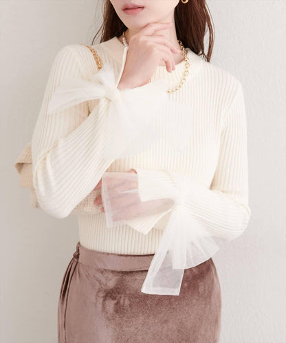 袖口網紗蝴蝶結針織衫