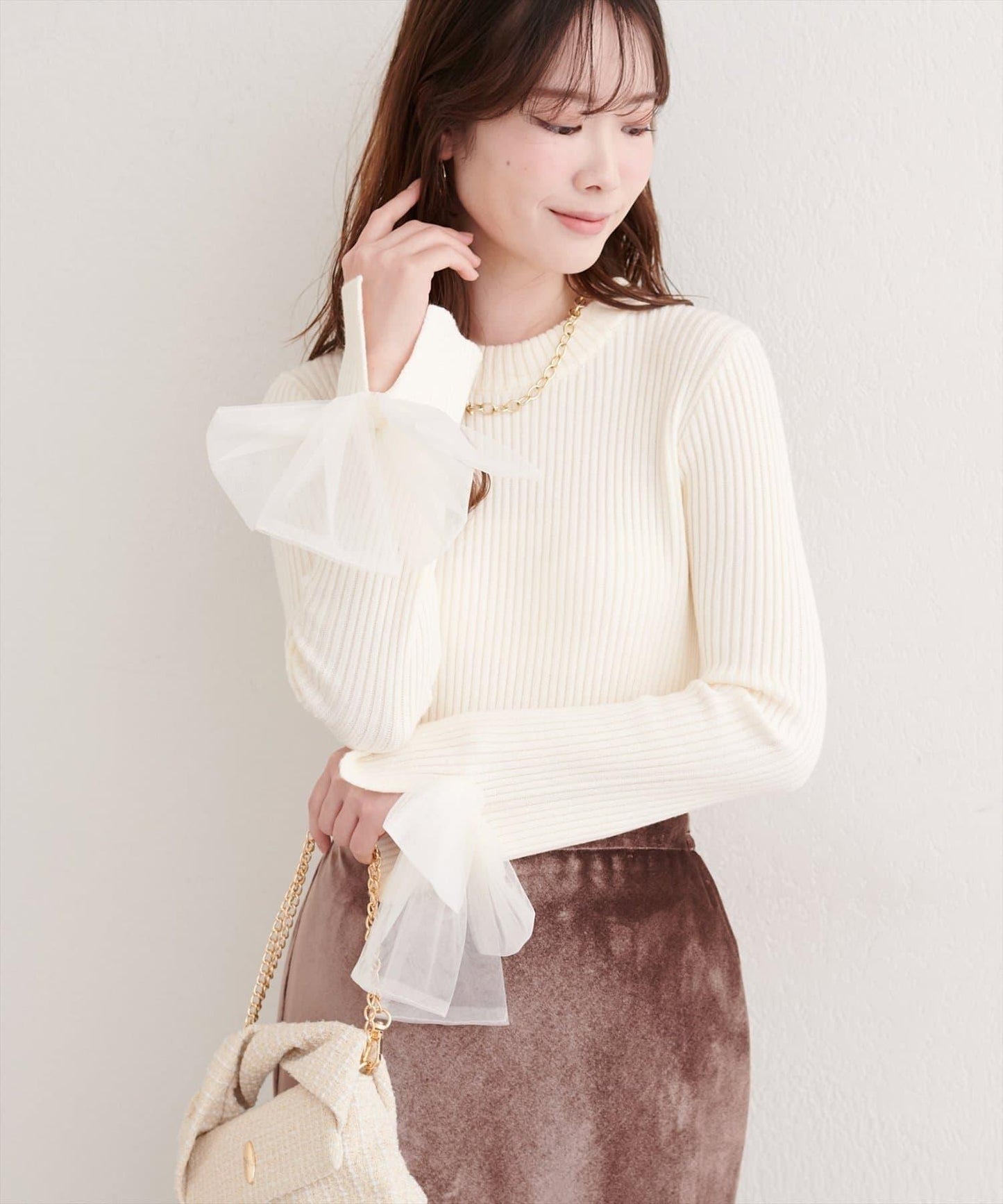 袖口網紗蝴蝶結針織衫