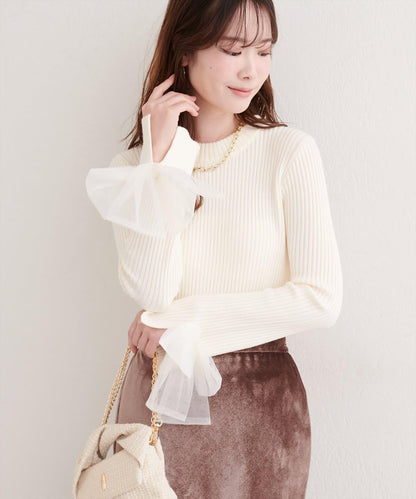 袖口網紗蝴蝶結針織衫