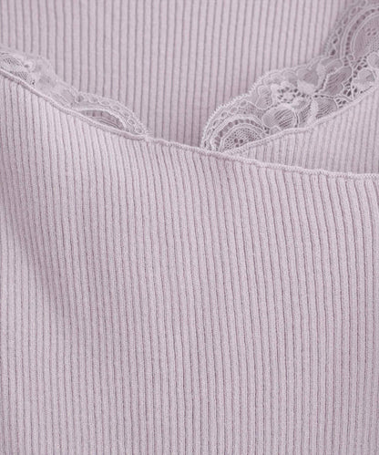 不對稱蕾絲領口羅紋針織套頭衫