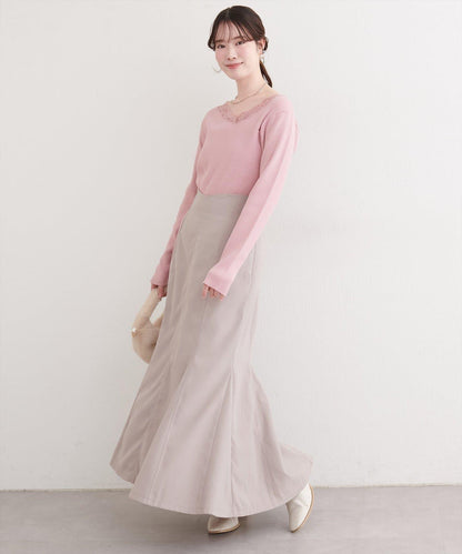 不對稱蕾絲領口羅紋針織套頭衫