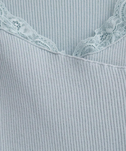 不對稱蕾絲領口羅紋針織套頭衫