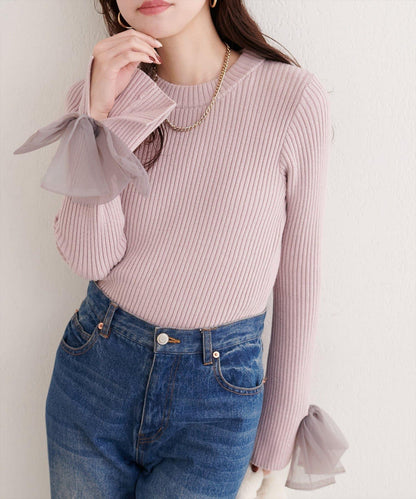 袖口網紗蝴蝶結針織衫