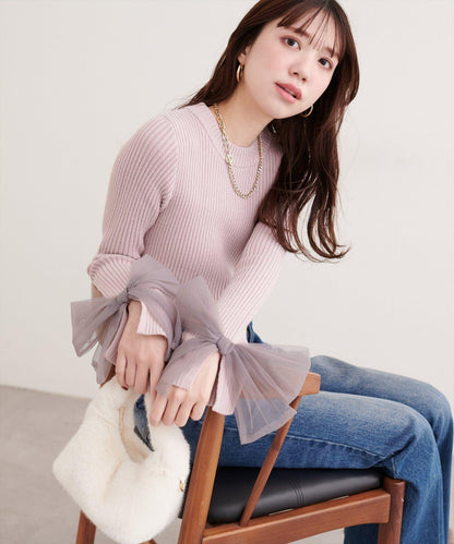 袖口網紗蝴蝶結針織衫